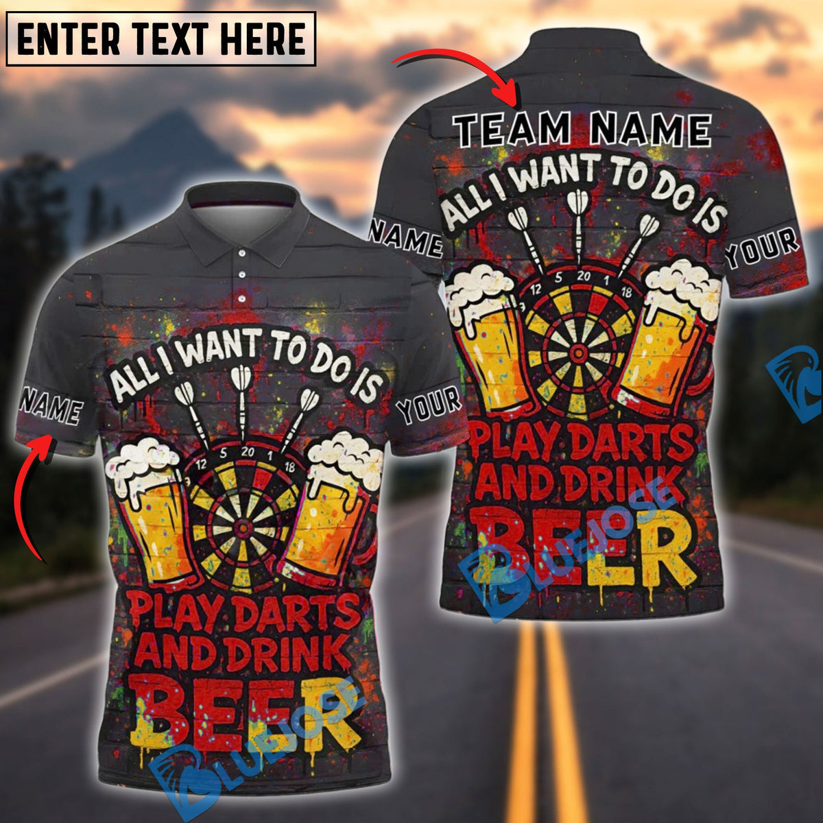 BlueJose All I Want Is Beer &amp; Darts Personalized Name, Team Name Shirt (4 Colors)