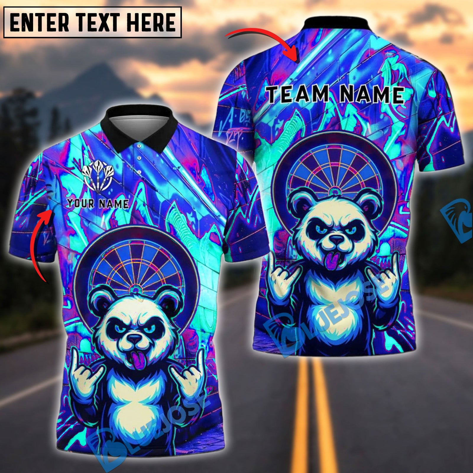 BlueJose Darts Rocker Panda Dartboard Personalized Name, Team Name Shirt (4 Colors)