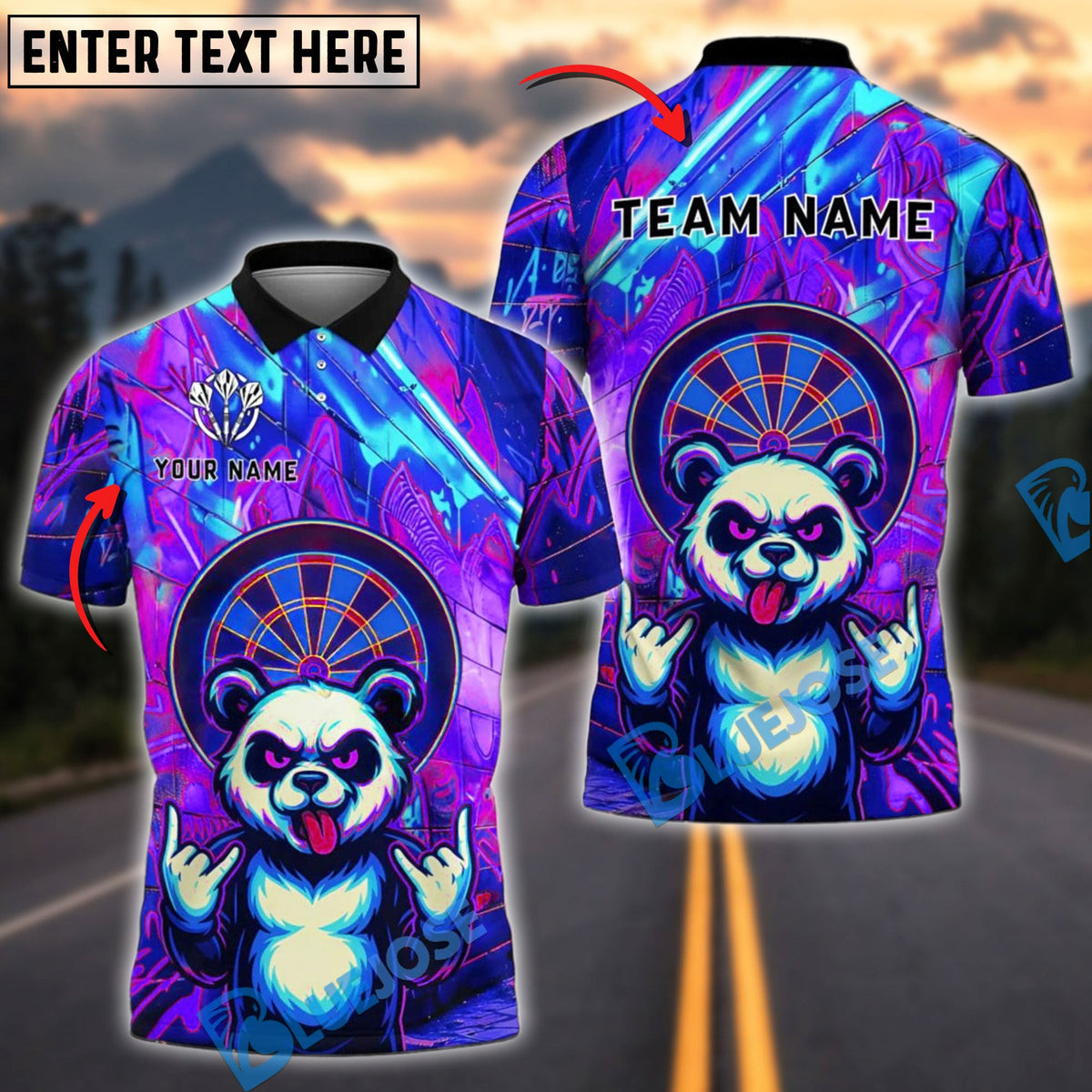 BlueJose Darts Rocker Panda Dartboard Personalized Name, Team Name Shirt (4 Colors)