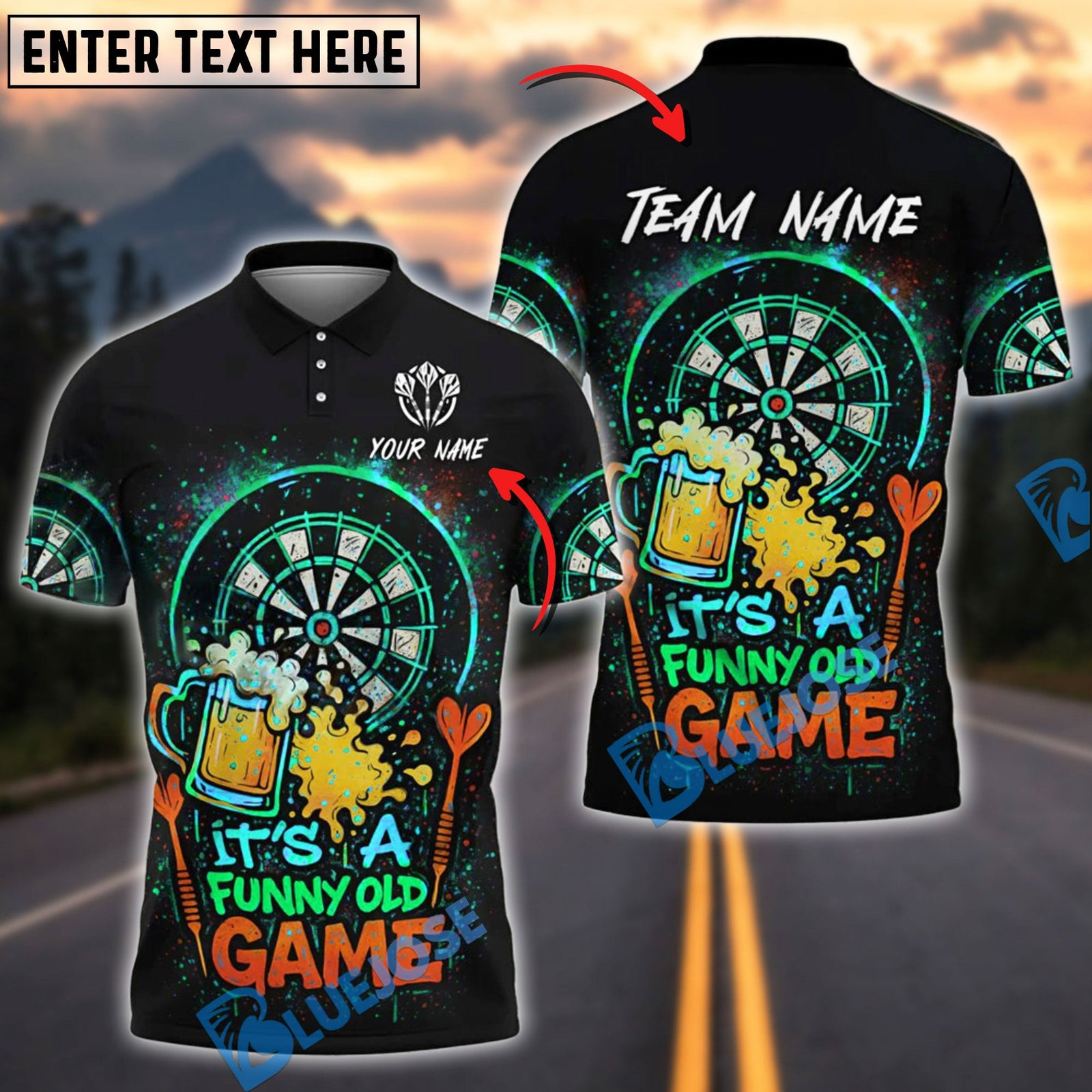 BlueJose Funny Beer Darts Old Game Personalized Name, Team Name Shirt (4 Colors)