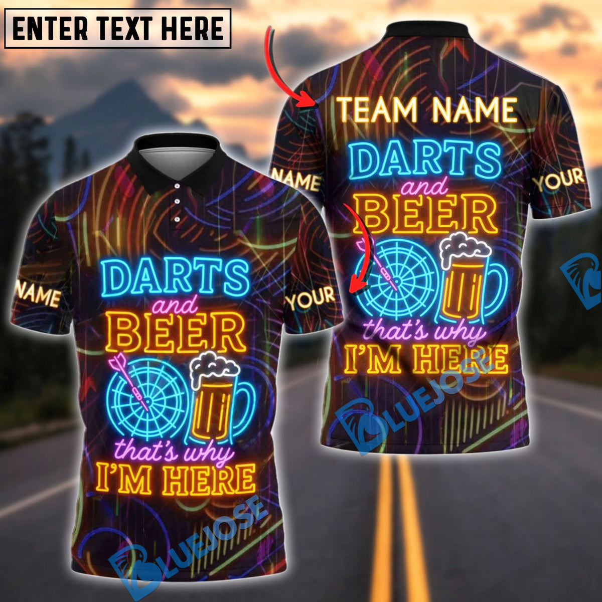 BlueJose Darts &amp; Beer Target &amp; Beer Glass Neon Style Personalized Name, Team Name Shirt
