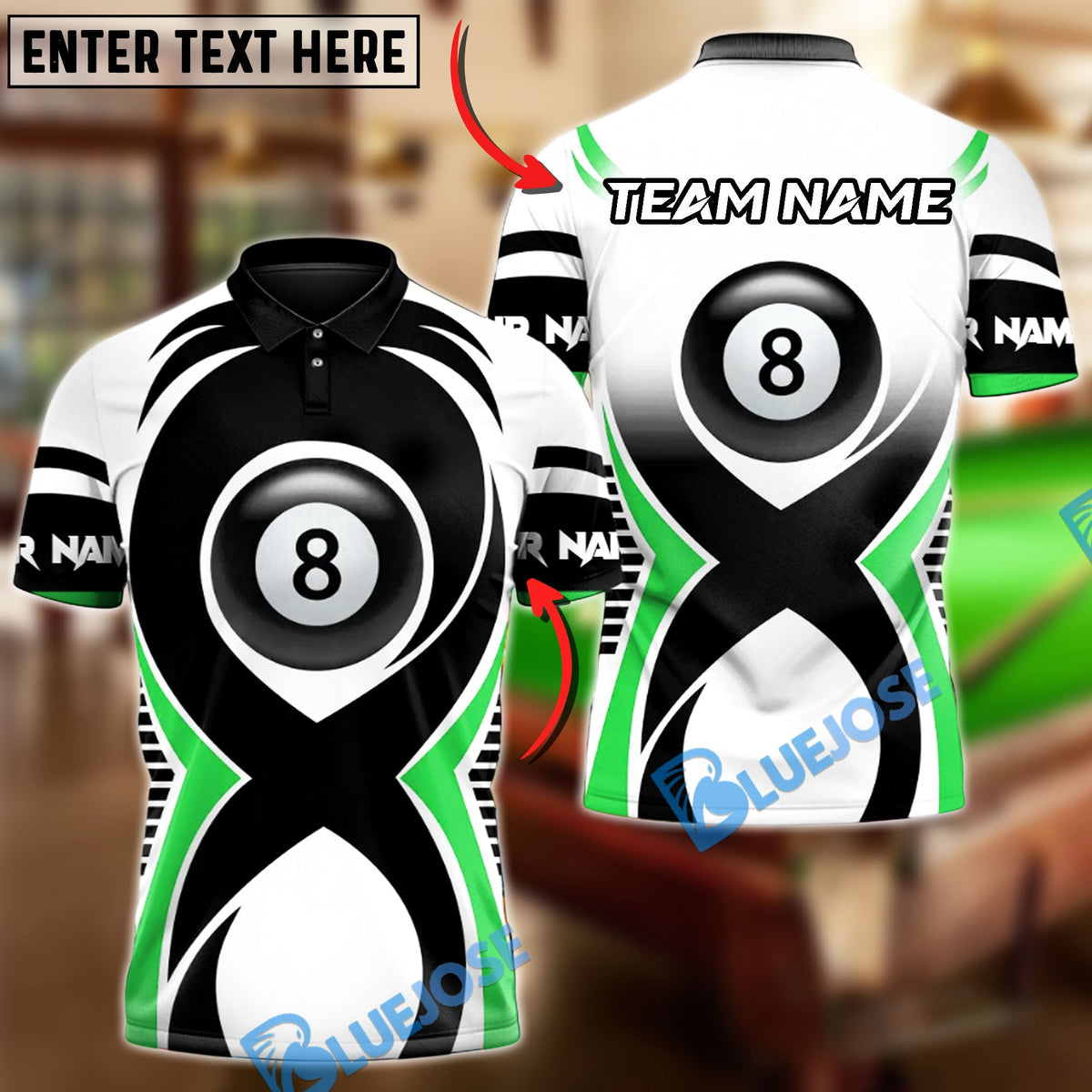 BlueJose Billiards 8 Ball Athletic Racing Speed Lines Personalized Name Shirt (4 Colors)