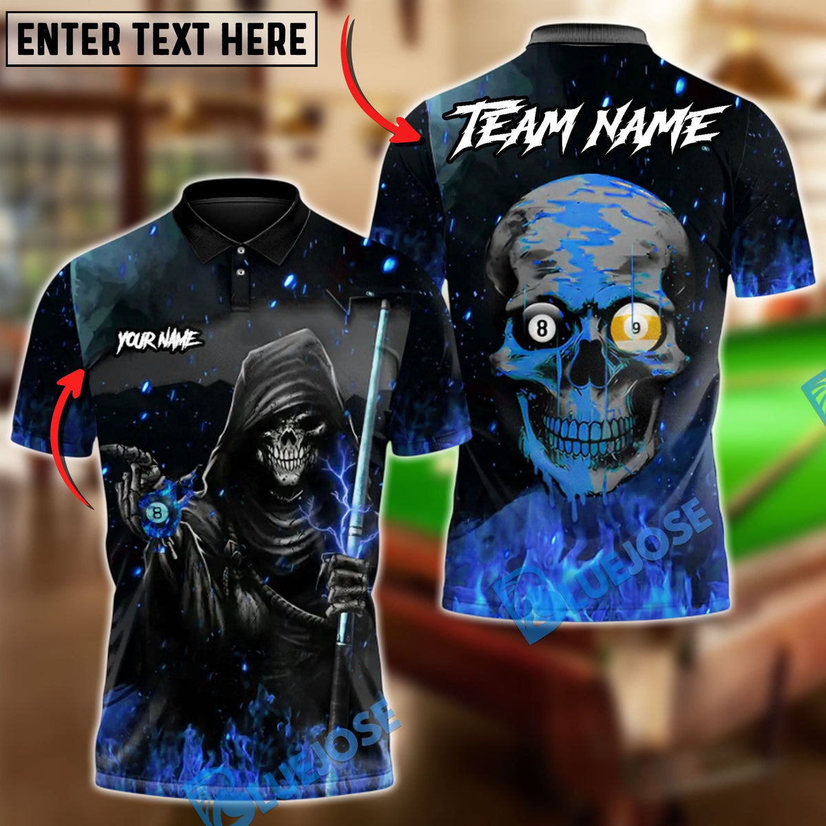 BlueJose Billiards 8 ball & 9 Ball Ghostly Hooded Reaper Skull Hustler Personalized Name Shirt (4 Colors)