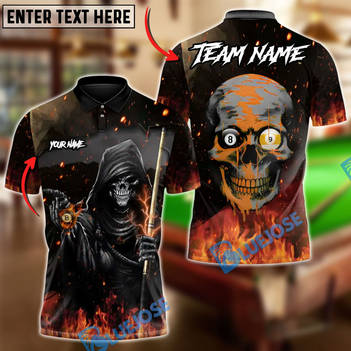 BlueJose Billiards 8 ball &amp; 9 Ball Ghostly Hooded Reaper Skull Hustler Personalized Name Shirt (4 Colors)