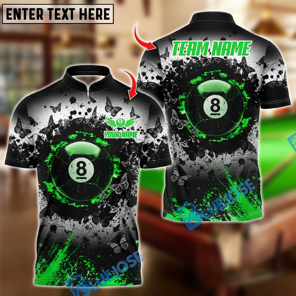 BlueJose Billiards Butterfly 8 Ball Pool Crack Design Personalized Name Shirt (4 Colors)