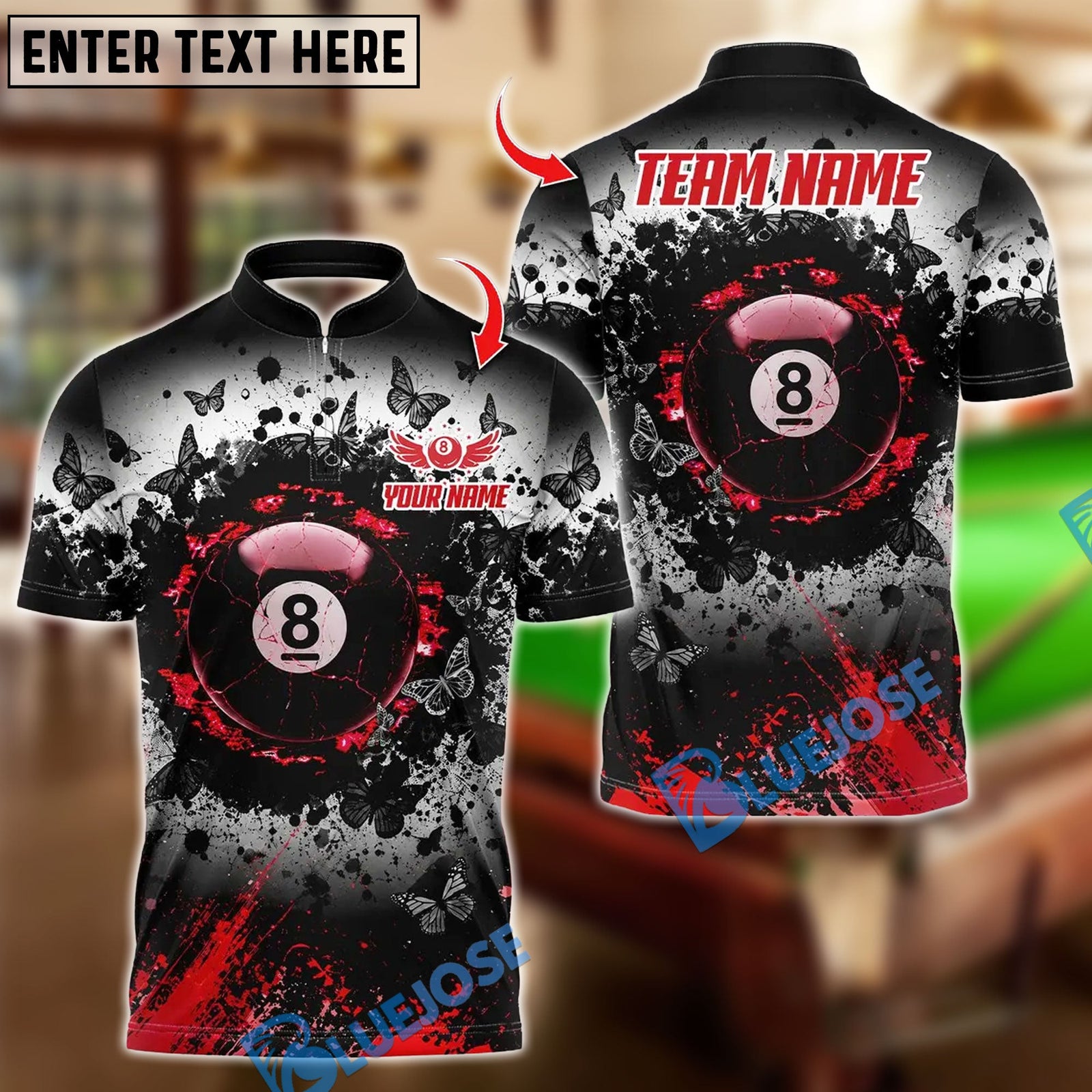 BlueJose Billiards Butterfly 8 Ball Pool Crack Design Personalized Name Shirt (4 Colors)