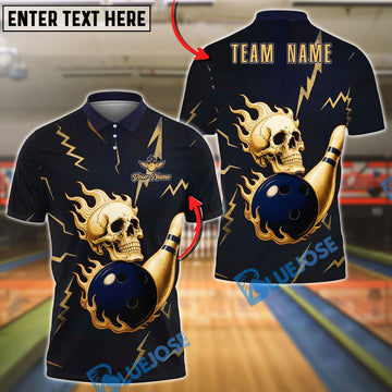 BlueJose Bowling And Pins Metal Skull Design Customized Name, Team Name 3D Shirt (4 Colors)
