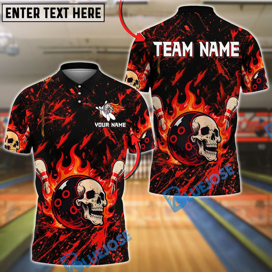 BlueJose Bowling And Pins Flame Skull Face Ball Design Customized Name, Team Name 3D Shirt (4 Colors)