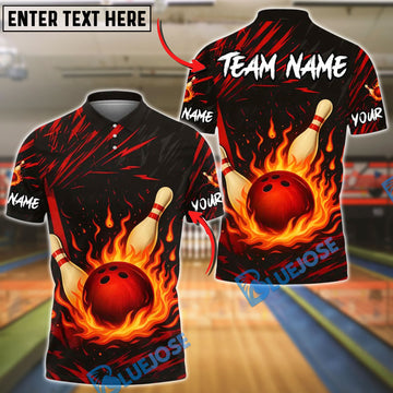 BlueJose Bowling And Pins Fire Impact Customized Name, Team Name 3D Shirt (4 Colors)
