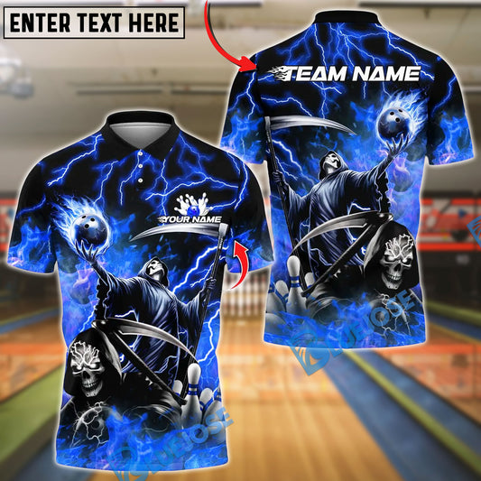 BlueJose Bowling And Pins Grim Reaper Skull With Flame Bowling Design Customized Name, Team Name 3D Shirt (4 Colors)