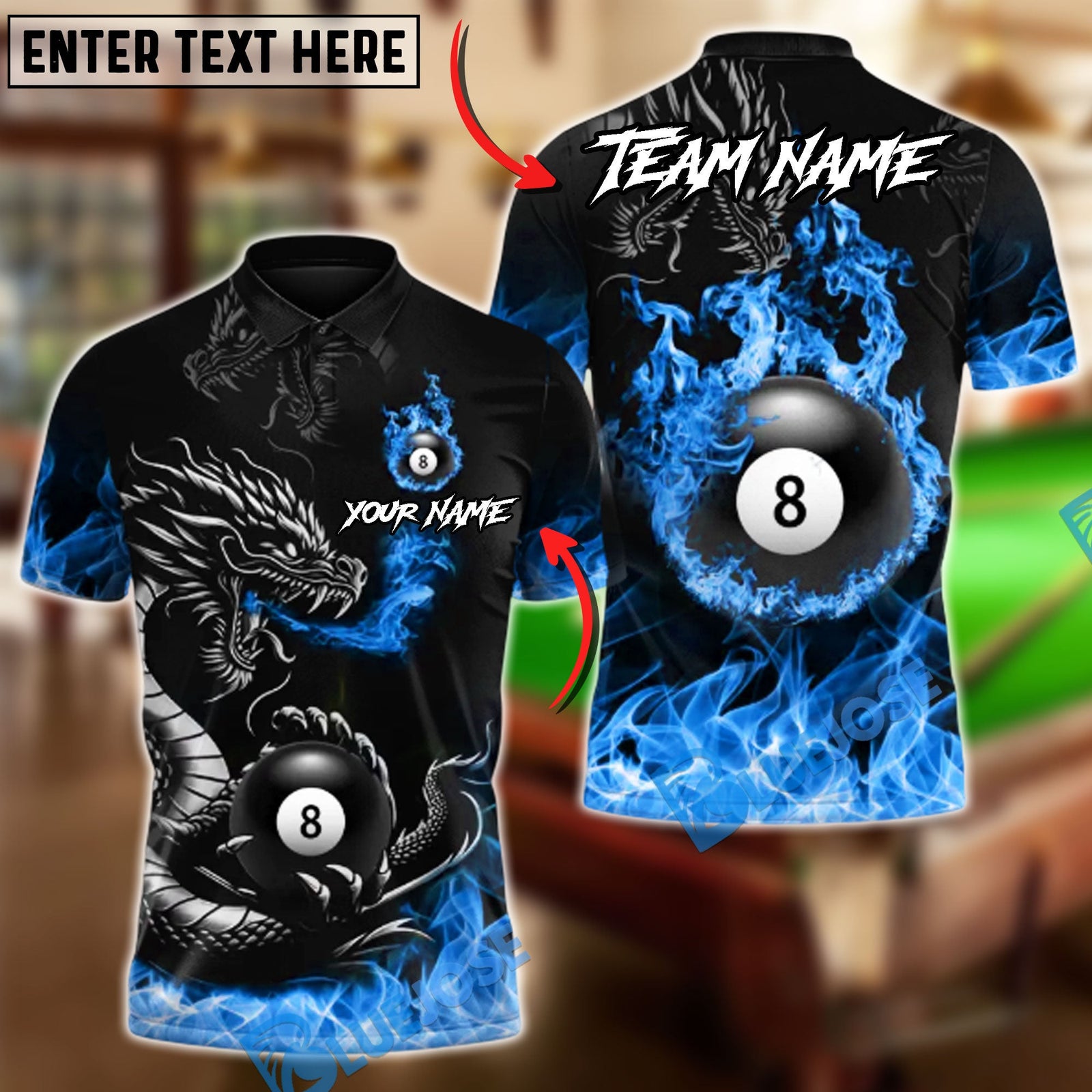 BlueJose Billiards 8 Ball Inferno Fire Dragon Personalized Name Shirt (4 Colors)