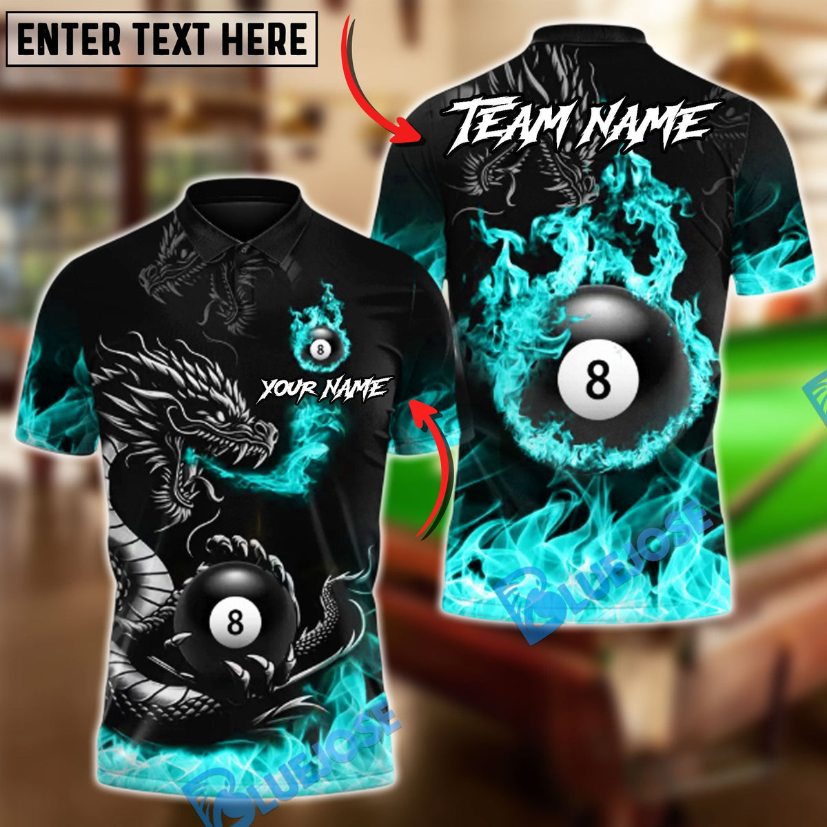 BlueJose Billiards 8 Ball Inferno Fire Dragon Personalized Name Shirt (4 Colors)