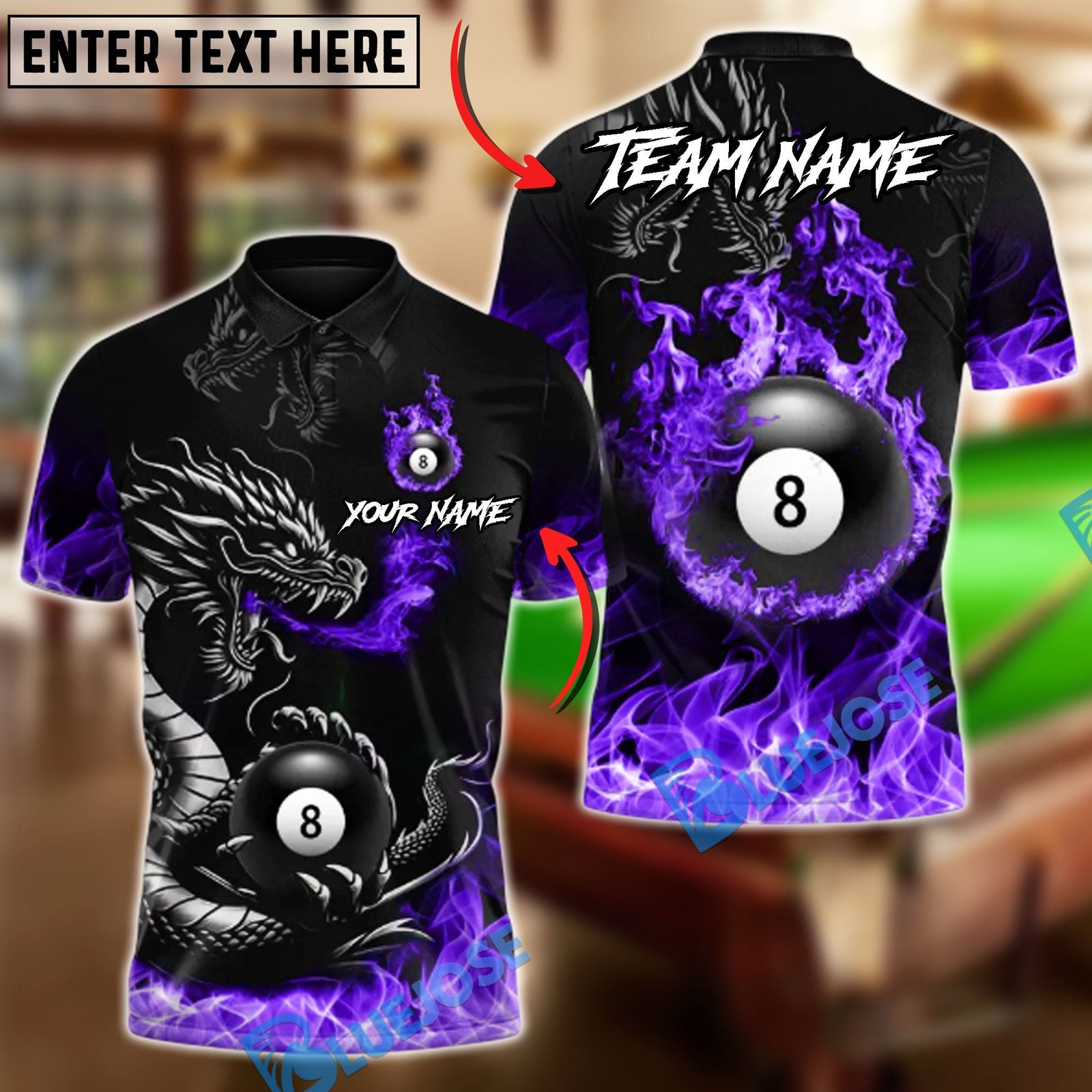 BlueJose Billiards 8 Ball Inferno Fire Dragon Personalized Name Shirt (4 Colors)