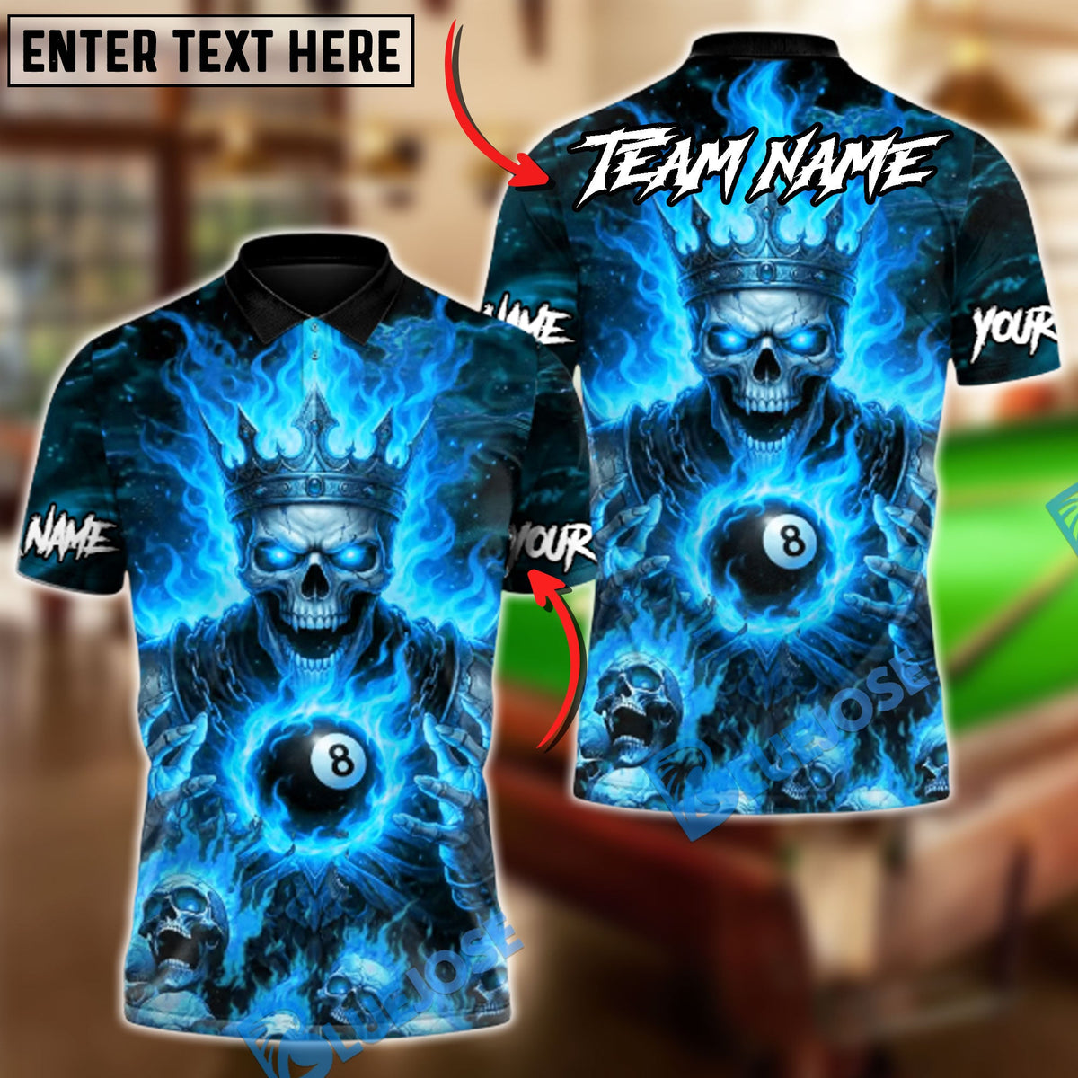 BlueJose Billiards 8 Ball Skeleton King Personalized Name Shirt (4 Colors)