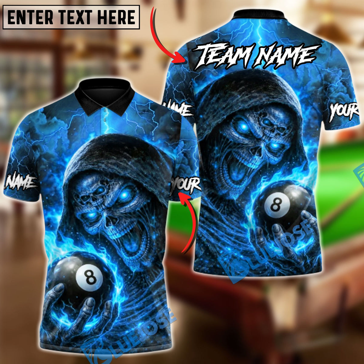 BlueJose Billiards 8 Ball Hellfire Grim Reaper Personalized Name Shirt (4 Colors)