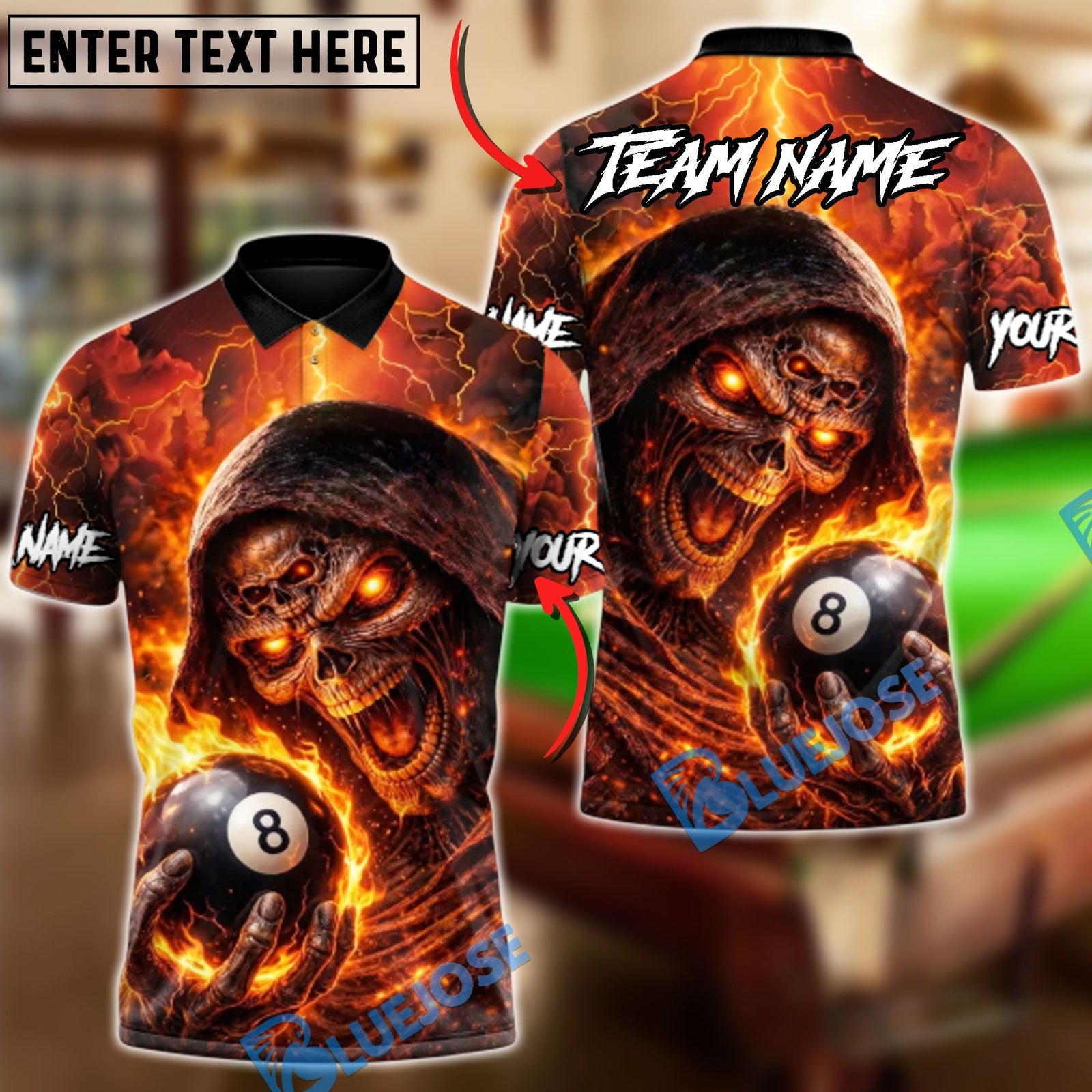 BlueJose Billiards 8 Ball Hellfire Grim Reaper Personalized Name Shirt (4 Colors)