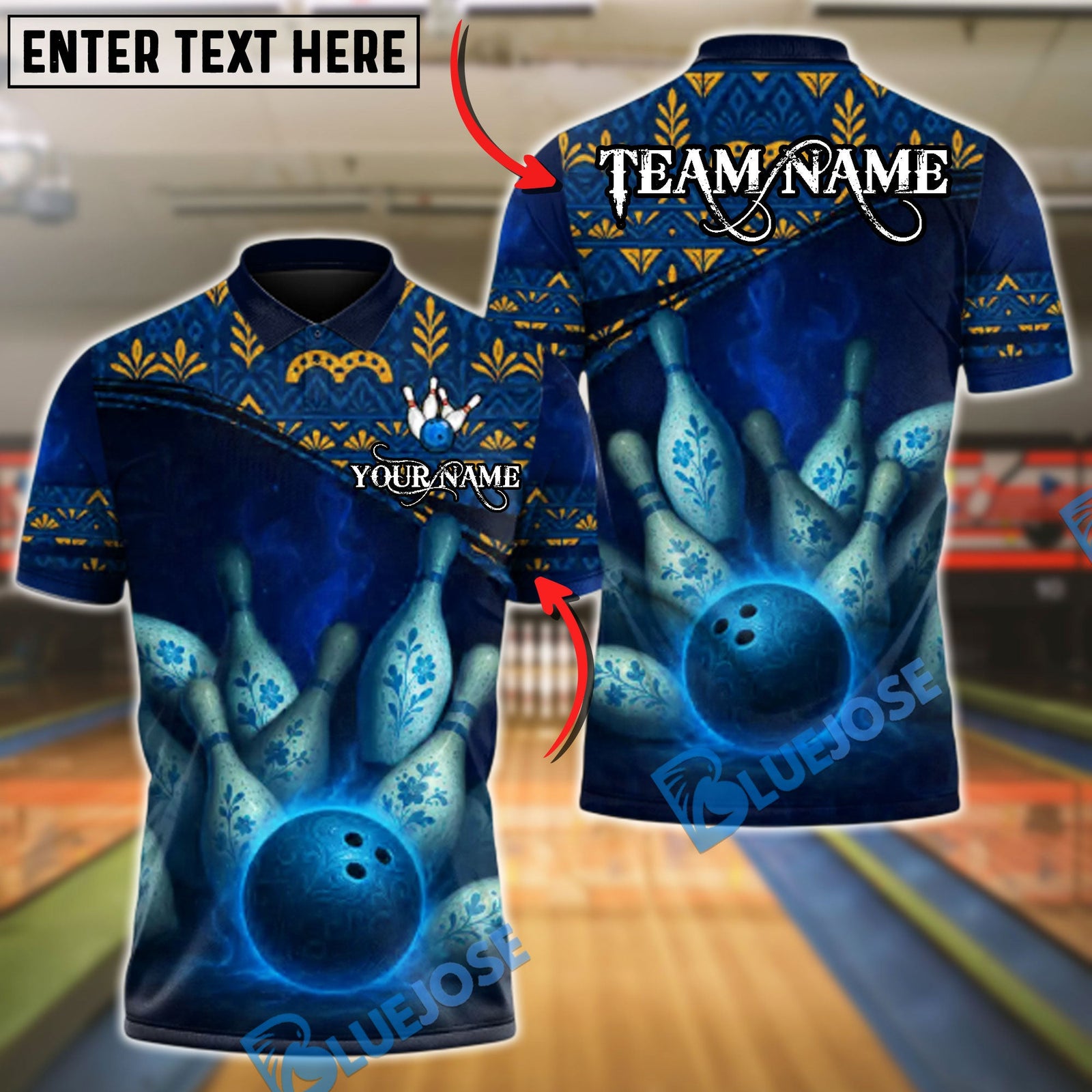 BlueJose Bowling And Pins Ethnic Pattern Customized Name, Team Name 3D Shirt (4 Colors)