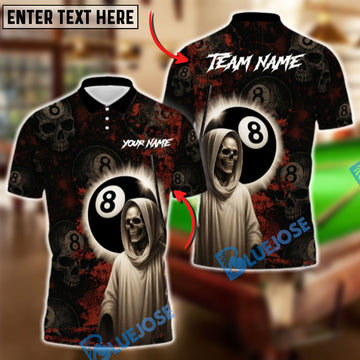 BlueJose Billiards 8 Ball Gothic Skull Personalized Name, Team Name Unisex Shirt (4 Colors)