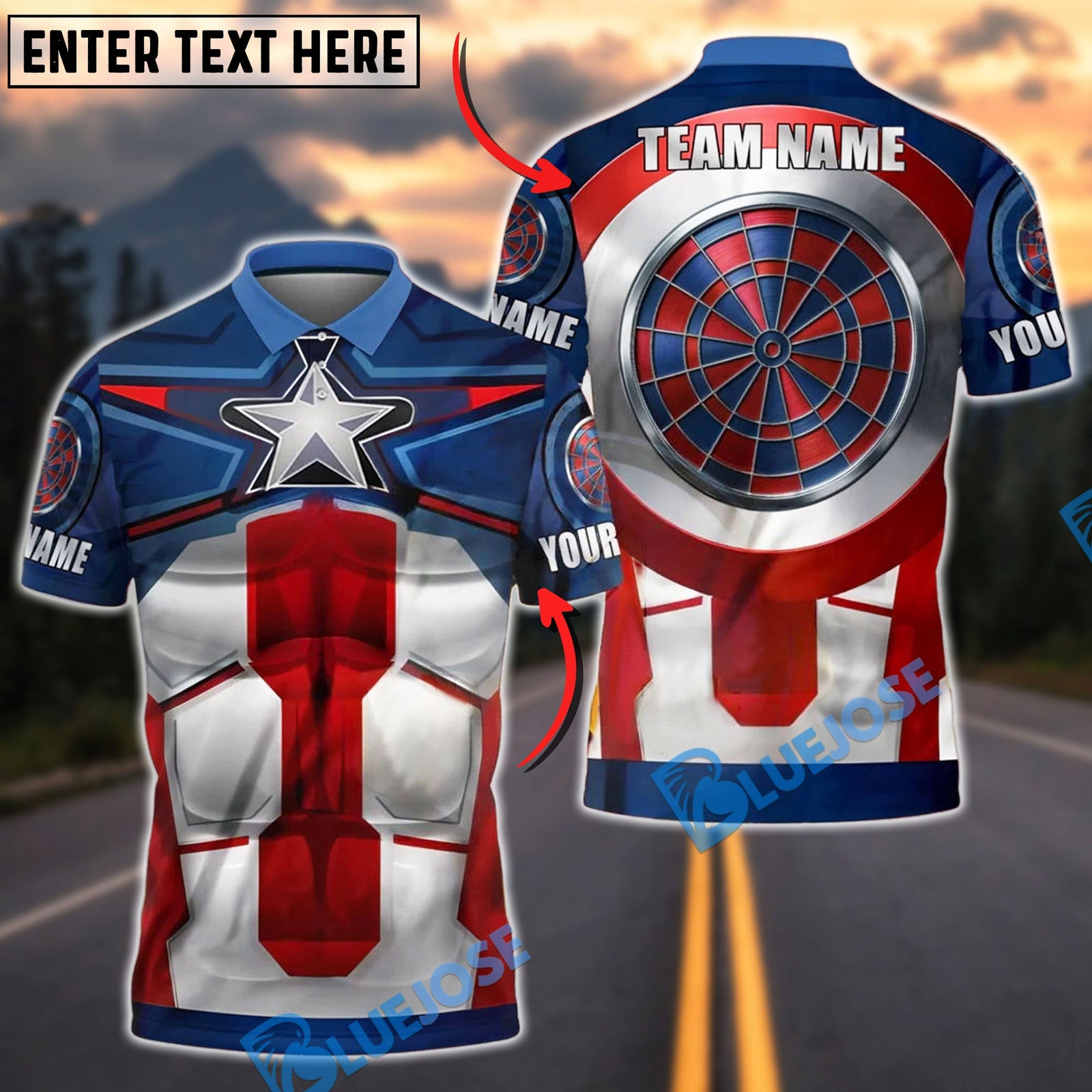 BlueJose Darts Captain Armor Personalized Name Shirt