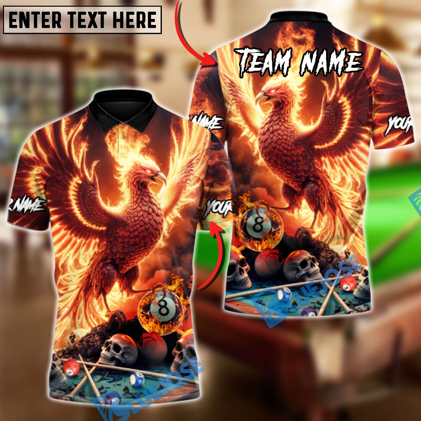 BlueJose Billiards Ball 8 Death & Rebirth Phoenix Customized Name, Team Name 3D Shirt (4 Colors)