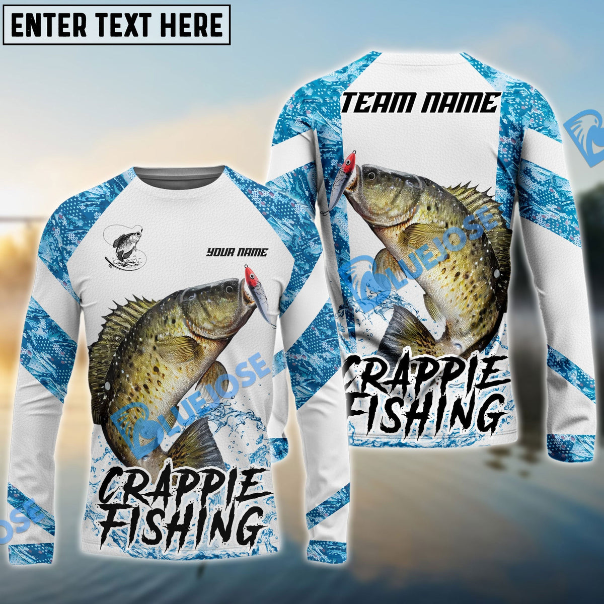 Bluejose Crappie Fishing Blue Camo White Pattern Sport Custom Name &amp; Team Name 3D Shirts
