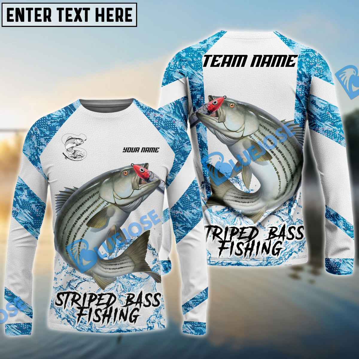 Bluejose Striped Bass Fishing Blue Camo White Pattern Sport Custom Name &amp; Team Name 3D Shirts