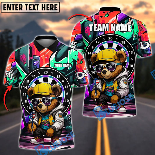 BlueJose Darts Bear Cool Urban Personalized Name, Team Name Shirt (4 Colors)