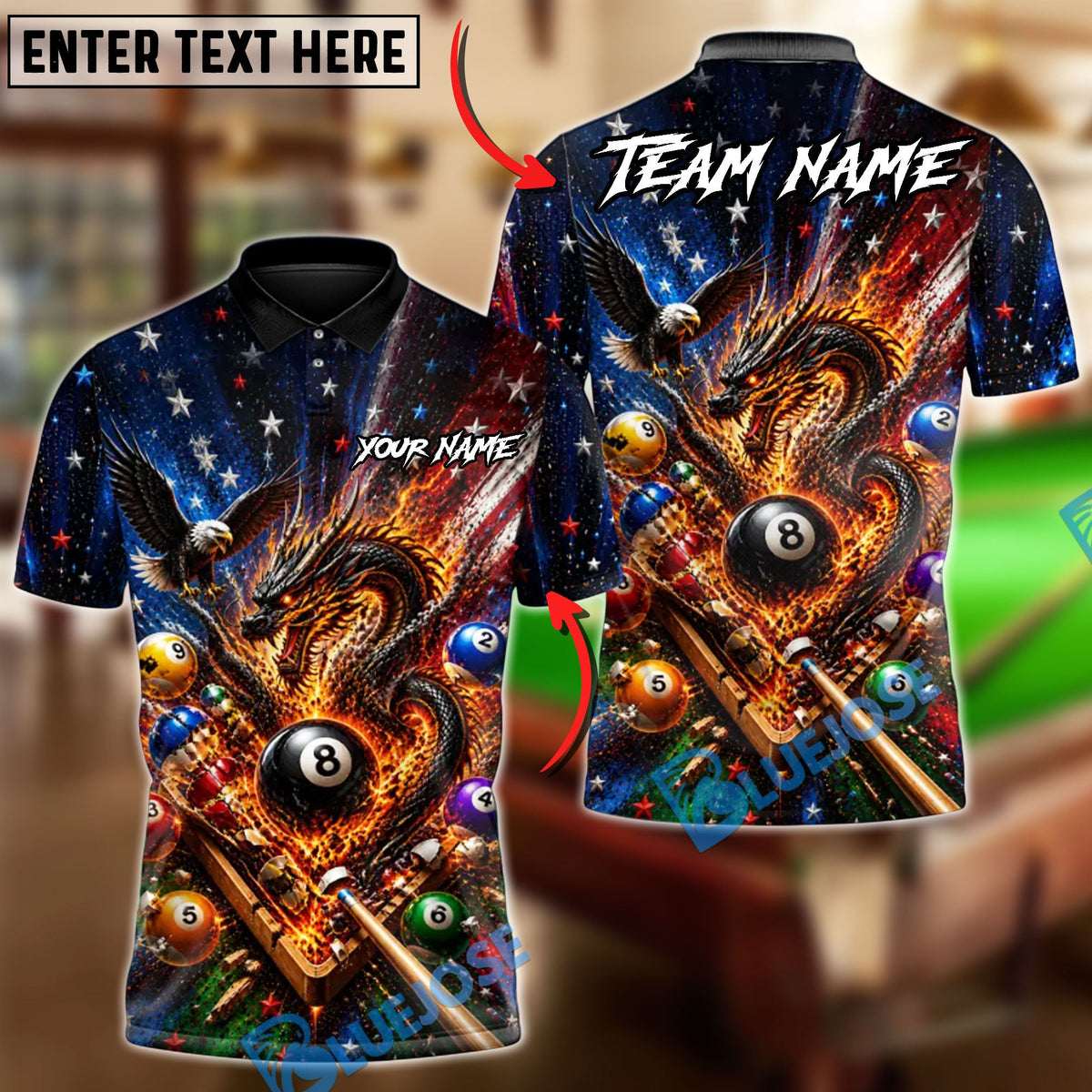 BlueJoses Billiards 8 Ball Patriot Eagle Fire Dragon Magic Customized Name, Team Name 3D Shirt