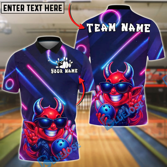 BlueJose Bowling And Pins Neon Devil Character Customized Name, Team Name 3D Shirt (4 Colors)