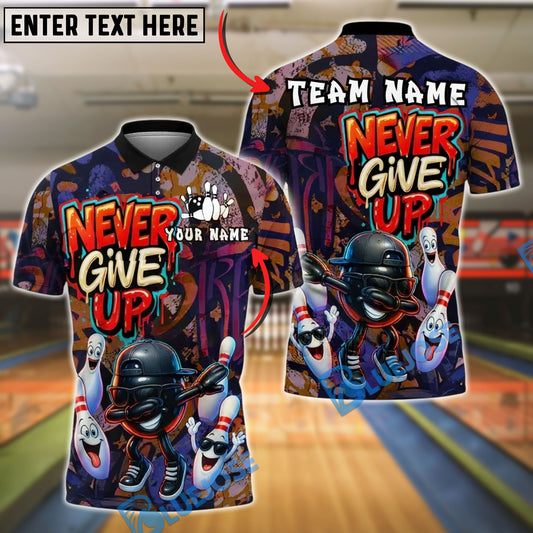 BlueJose Bowling And Pins Graffiti Never Give Up Dab Customized Name, Team Name 3D Shirt (4 Colors)