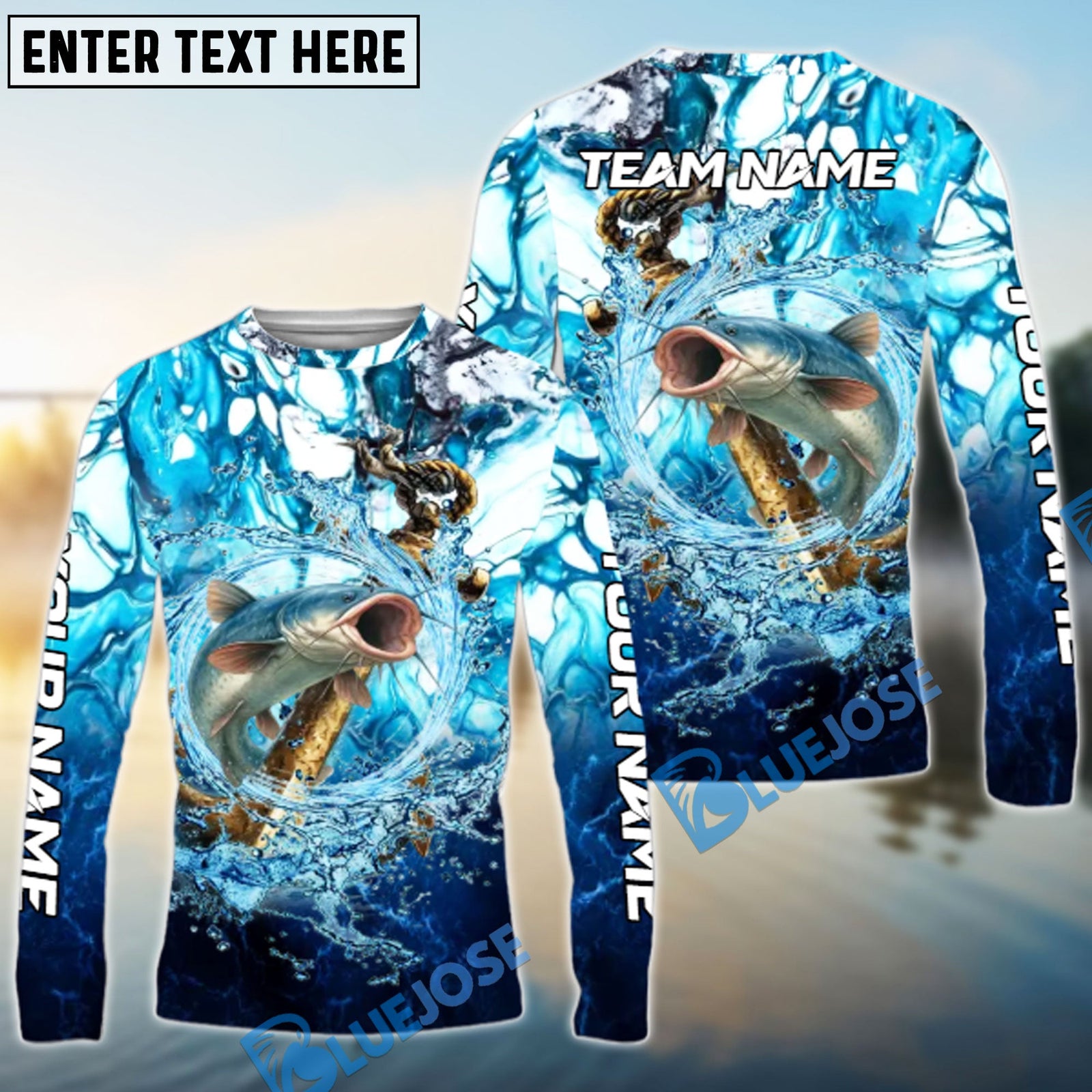 Bluejose Catfish Fishing Marble Tide Catch Name & Team Name 3D Shirts