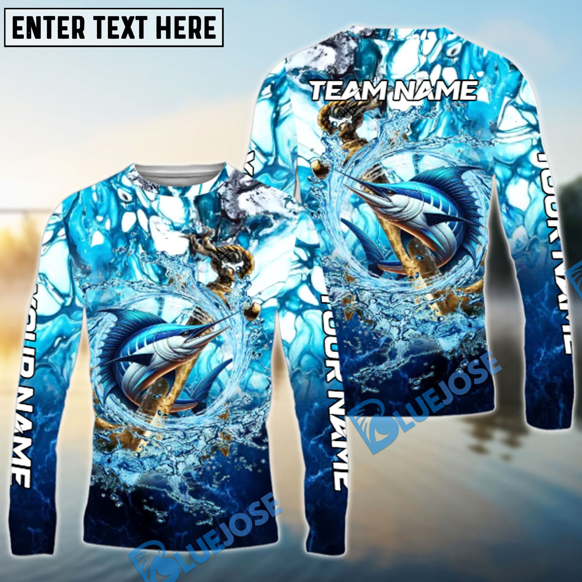 Bluejose Marlin Fishing Marble Tide Catch Name &amp; Team Name 3D Shirts
