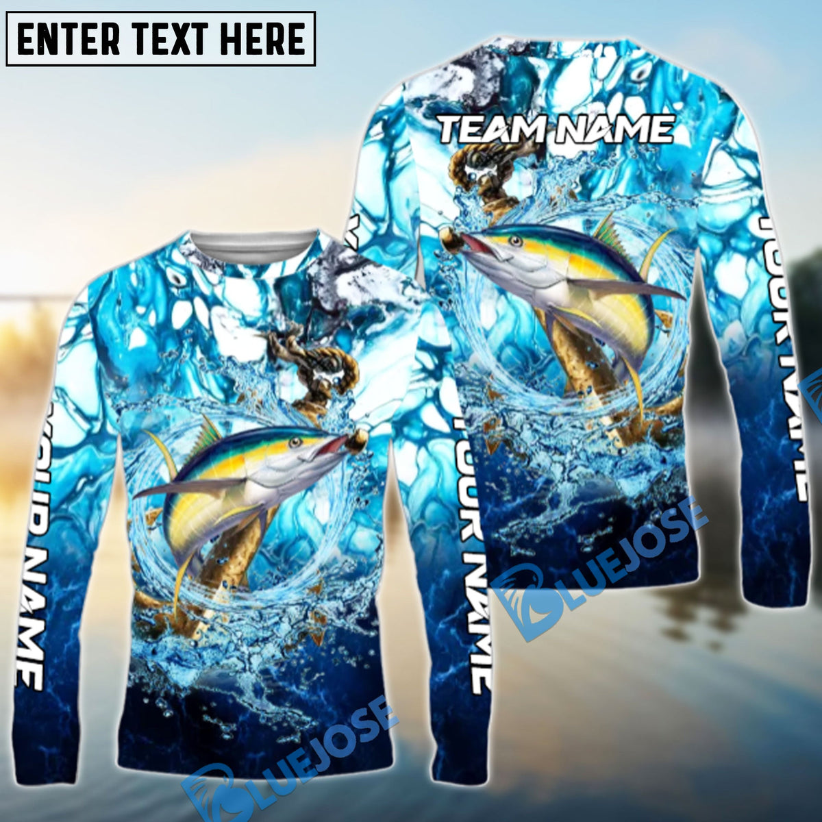 Bluejose Tuna Fishing Marble Tide Catch Name &amp; Team Name 3D Shirts