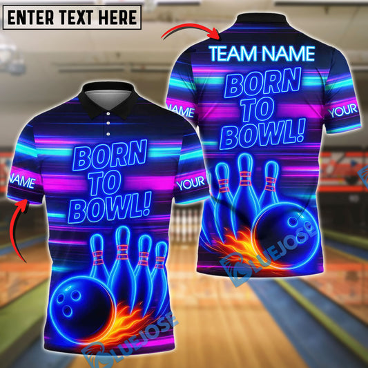 BlueJose Neon Bowling Shirt Born to Bowl Design Customized Name, Team Name 3D Shirt (4 Colors)