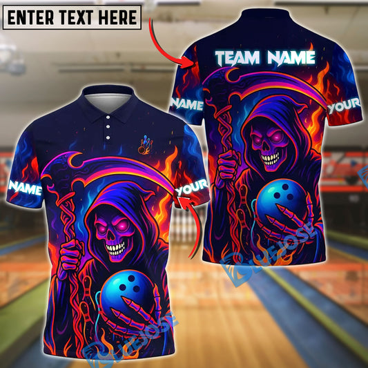 BlueJose Bowling And Pins Grim Reaper Neon Flame Design Customized Name, Team Name 3D Shirt