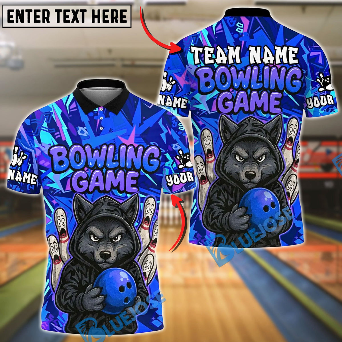 BlueJose Bowling And Pins Angry Wolf Graffiti Customized Name 3D Shirt (4 Colors)