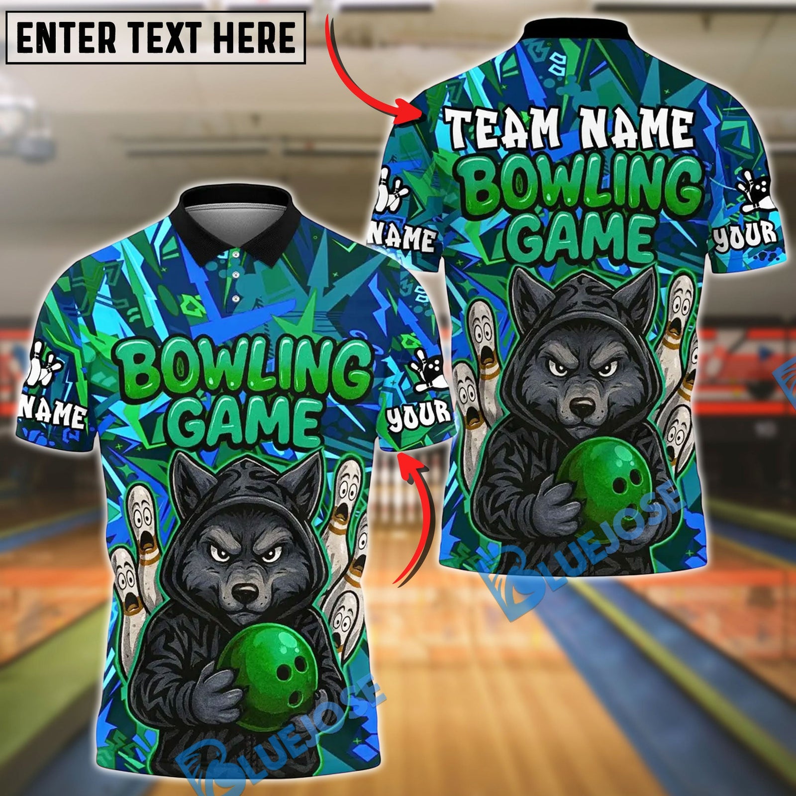 BlueJose Bowling And Pins Angry Wolf Graffiti Customized Name 3D Shirt (4 Colors)