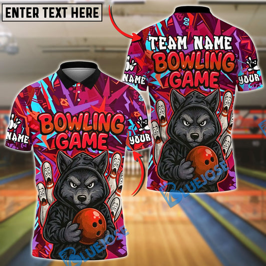 BlueJose Bowling And Pins Angry Wolf Graffiti Customized Name 3D Shirt (4 Colors)