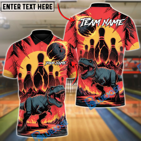 BlueJose Bowling And Pins T-Rex Lava Volcano Customized Name, Team Name 3D Shirt (4 Colors)