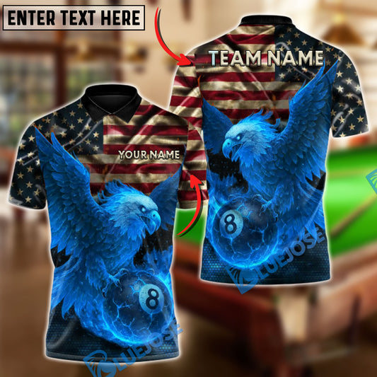 BlueJose Billiards 8 Ball Fire American Eagle Personalized Name, Team Name Unisex Shirt (4 Colors)