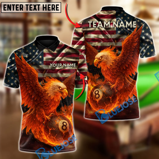 BlueJose Billiards 8 Ball Fire American Eagle Personalized Name, Team Name Unisex Shirt (4 Colors)