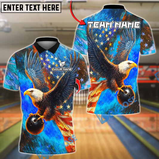 BlueJose Bowling And Pins Sky Eagle US Flag Customized Name, Team Name 3D Shirt (4 Colors)