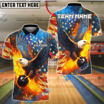 BlueJose Bowling And Pins Sky Eagle US Flag Customized Name, Team Name 3D Shirt (4 Colors)