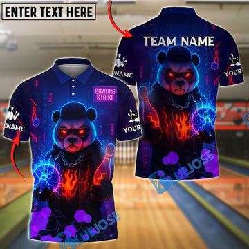 BlueJose Bowling And Pins Neon Flame Panda Customized Name, Team Name 3D Shirt (4 Colors)