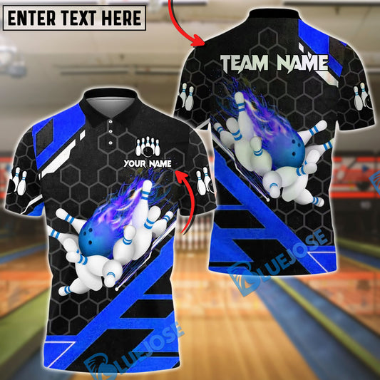 BlueJose Bowling And Pins Flame Hexagon Pattern Customized Name, Team Name 3D Shirt (4 Colors)