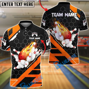 BlueJose Bowling And Pins Flame Hexagon Pattern Customized Name, Team Name 3D Shirt (4 Colors)