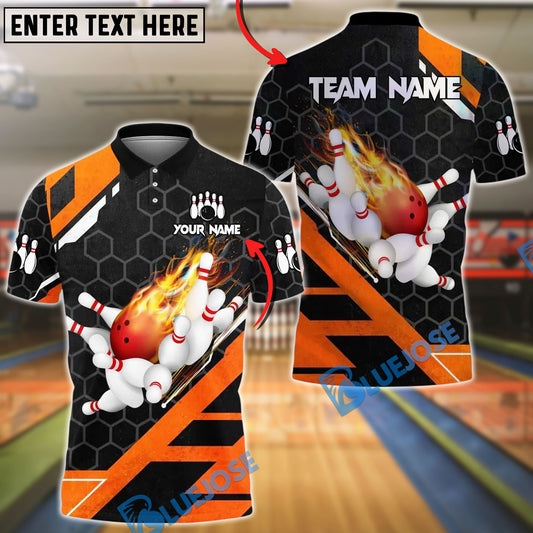 BlueJose Bowling And Pins Flame Hexagon Pattern Customized Name, Team Name 3D Shirt (4 Colors)
