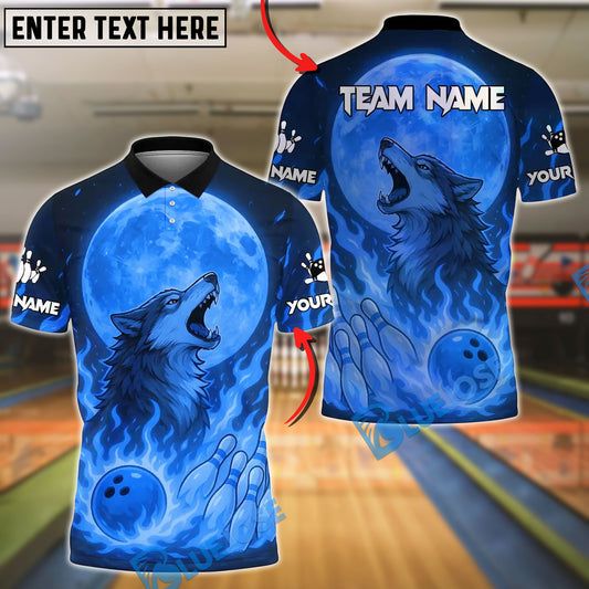 BlueJose Bowling And Pins Flame Moon Wolf Customized Name, Team Name 3D Shirt (4 Colors)