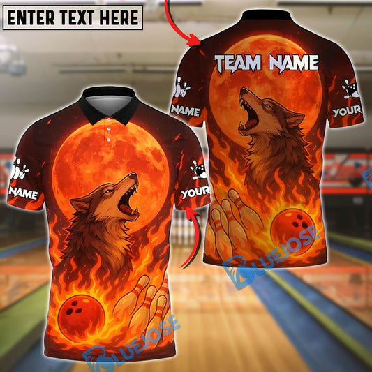 BlueJose Bowling And Pins Flame Moon Wolf Customized Name, Team Name 3D Shirt (4 Colors)