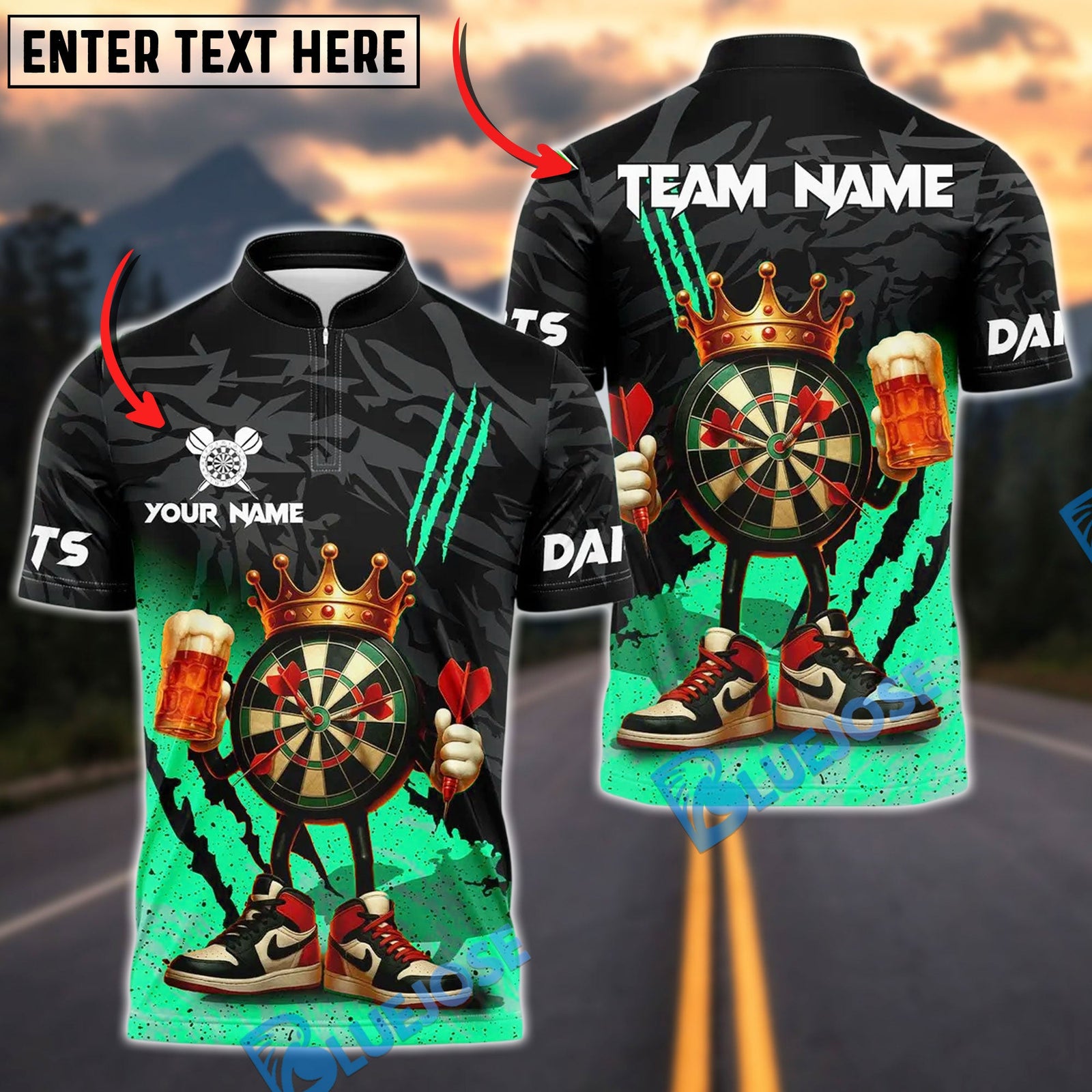 BlueJose Darts King DartBoard With Beer Design Customized Name, Team Name 3D Shirt (4 Colors)